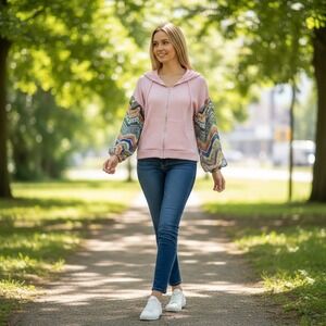 Baea Pink Waffle Knit Geometric Sleeve Zip Up Hoodie Women's‎ Medium
